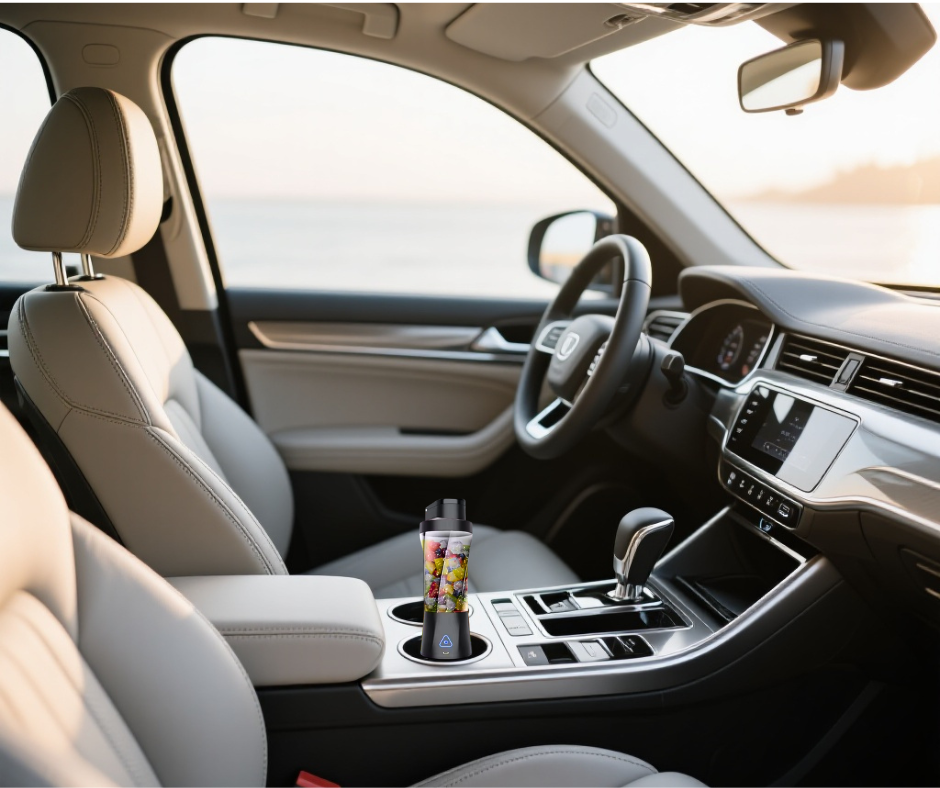 Portable rechargeable blender blending smoothie in a car cup holder, perfect for on-the-go use.