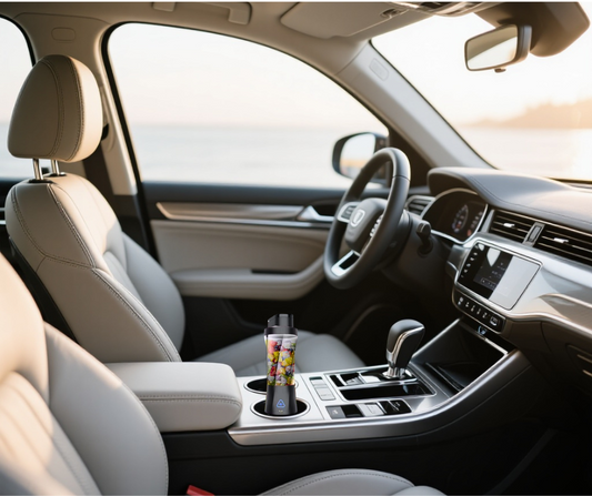 Portable rechargeable blender blending smoothie in a car cup holder, perfect for on-the-go use.