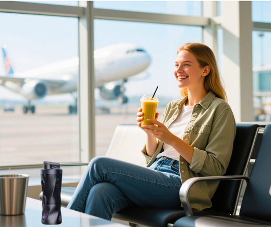 Traveler in airport lounge enjoying a fresh smoothie with a compact portable blender on the table, fruits scattered around, and airplanes visible through the window