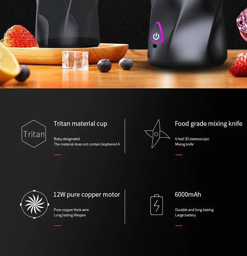 Black kitchen appliance on a wooden surface with fruits and a cutting board, featuring text about material and features.

