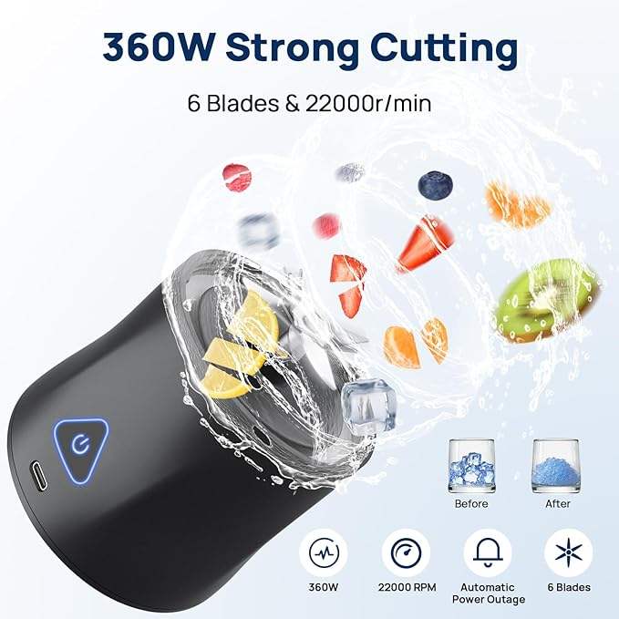 Black kitchen appliance with text '360W Strong Cutting' and images of fruits and vegetables, on a white background.

