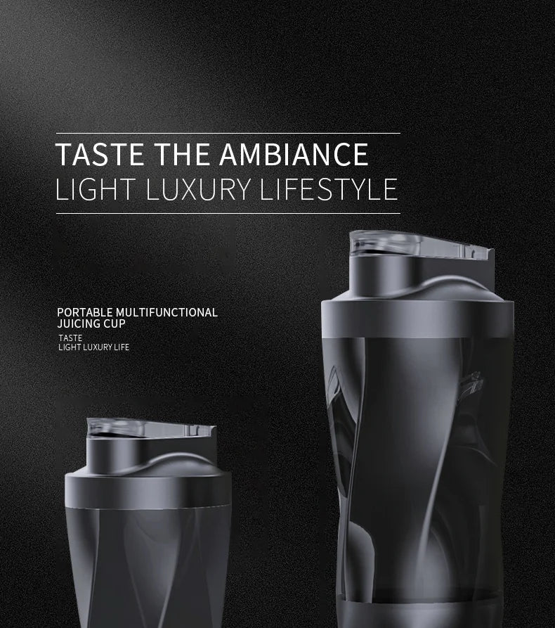 portable blender Black portable multifunctional juicing cup with 'Taste the Ambiance' text on a dark background

