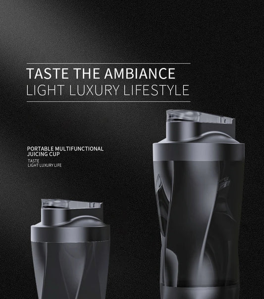 portable blender Black portable multifunctional juicing cup with 'Taste the Ambiance' text on a dark background

