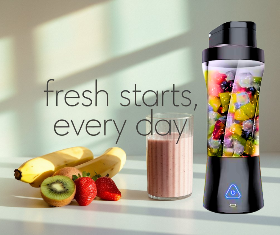 “White BuzzOrbit portable blender on a sunlit kitchen counter surrounded by fresh fruits and a smoothie glass, capturing a clean and energizing morning routine.