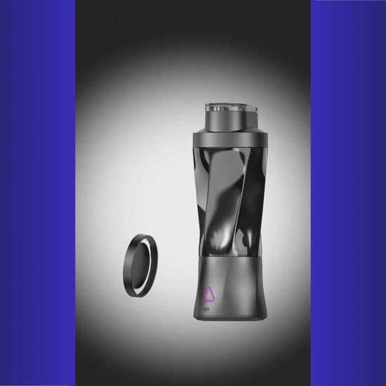 "BuzzOrbit portable blender blending fresh fruits into a smooth, creamy smoothie – demonstrating its powerful 360W motor and six razor-sharp blades."