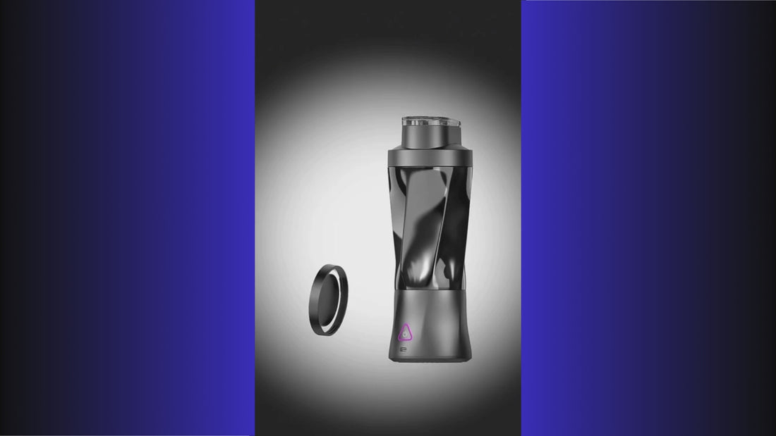 "BuzzOrbit portable blender blending fresh fruits into a smooth, creamy smoothie – demonstrating its powerful 360W motor and six razor-sharp blades."