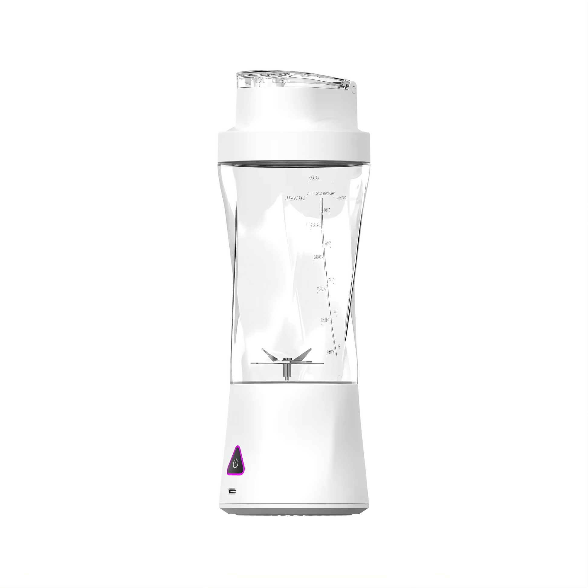 White portable blender with a clear container on a white background

